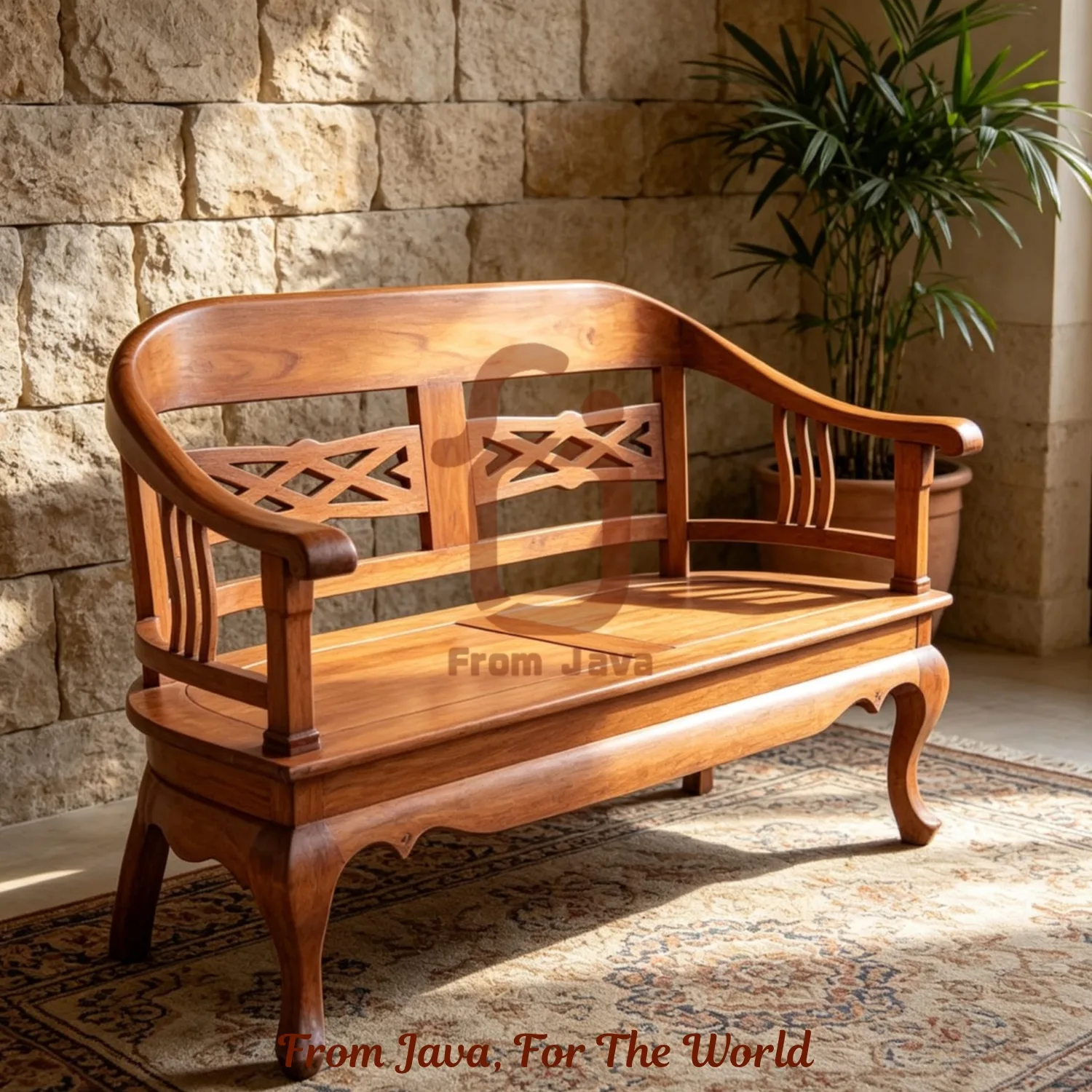 Handcrafted Teak Wood Lattice Back Two-Seater Bench