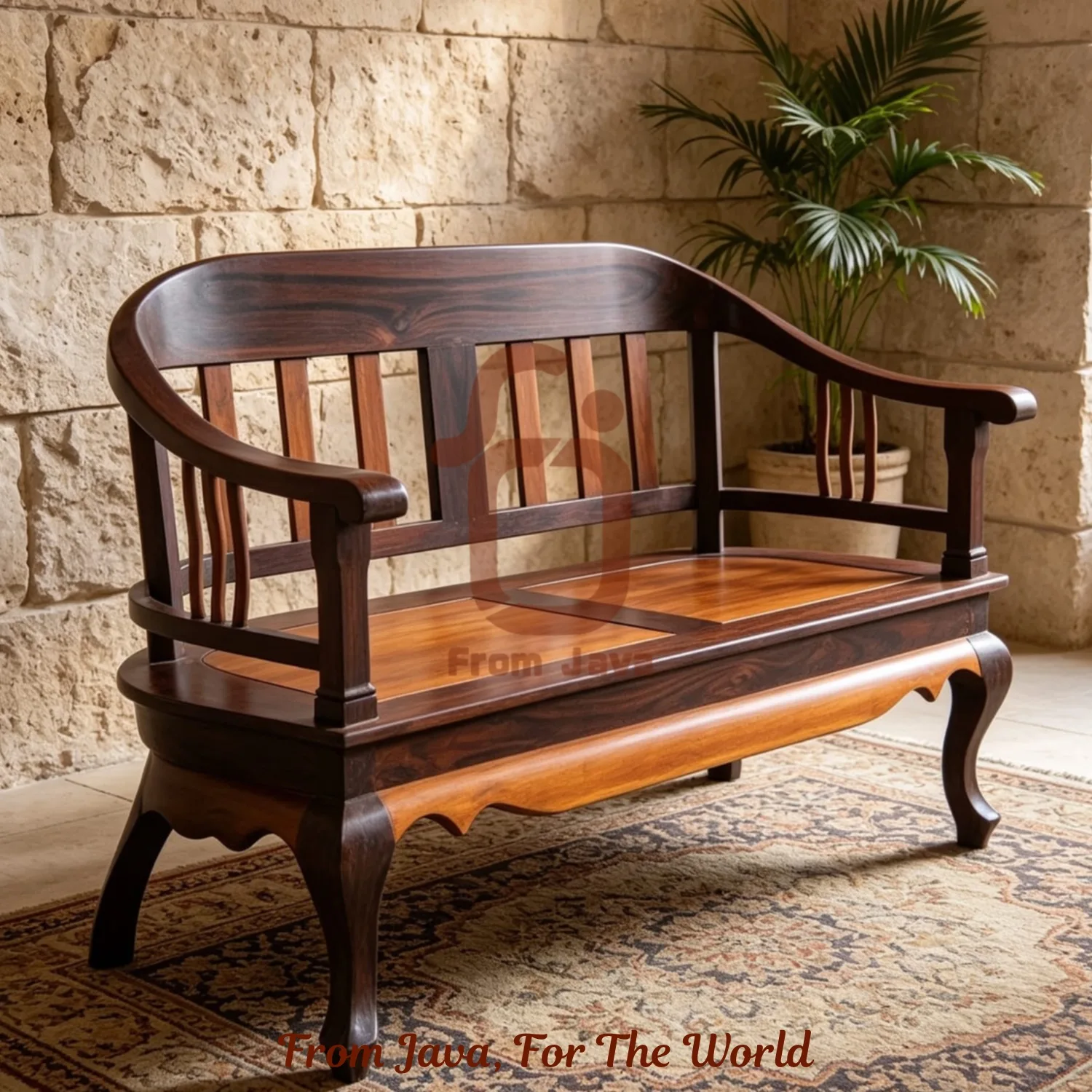 Handcrafted Teak Wood Colonial Two-Seater Bench