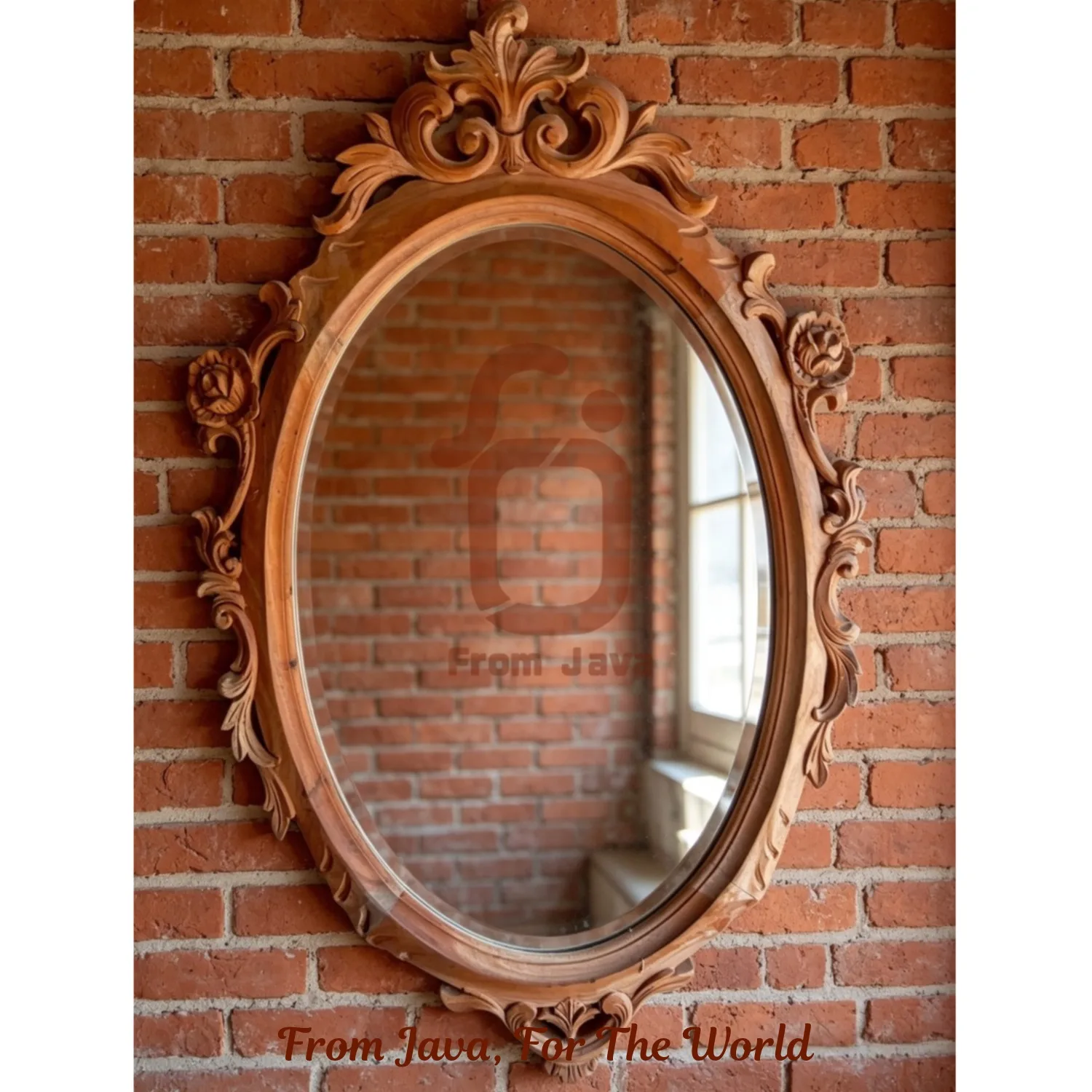Hand-Carved Floral Oval Wooden Wall Mirror