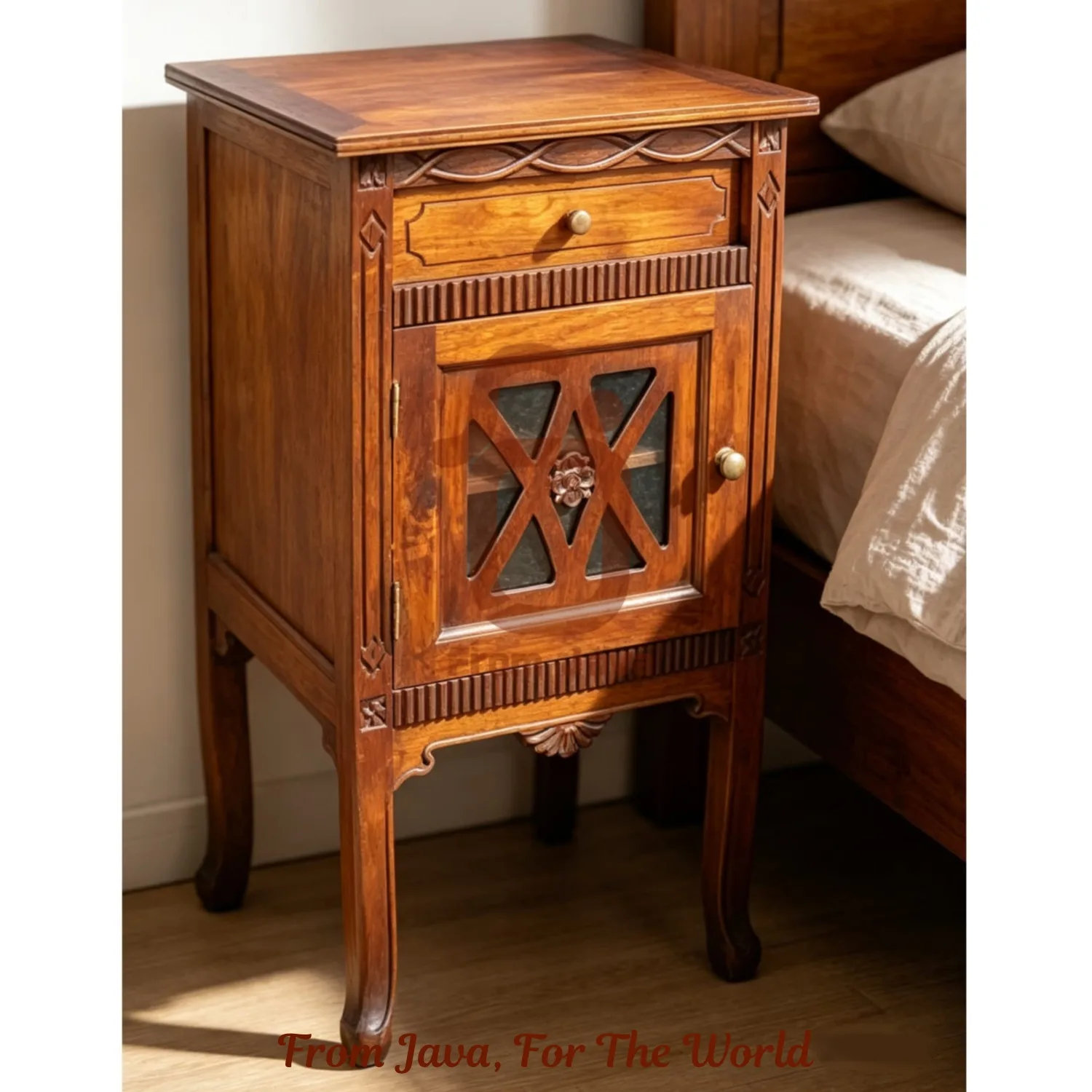 Heritage Teak Wood Bedside Cabinet with Glass Door