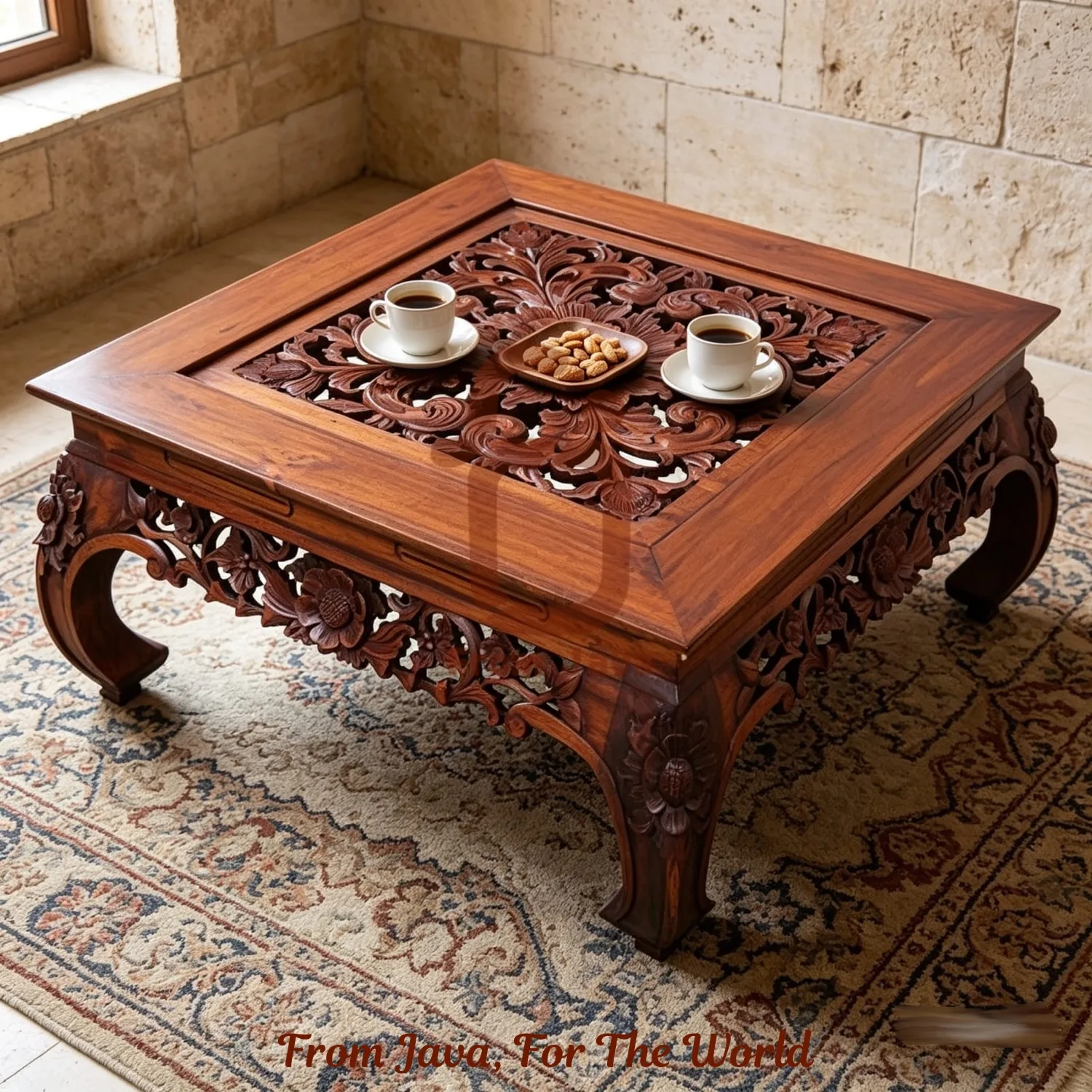 Royal Floral Carved Teak Wood Coffee Table 90